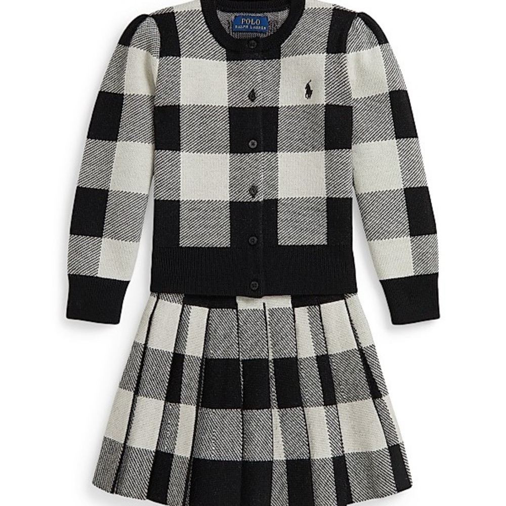 Polo by Ralph Lauren Black and White Plaid Girls Matching Cardigan & Skirt Set